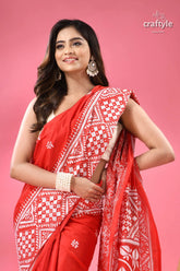 Cadmium red white thread work silk kantha saree red white patterned saree earrings 2