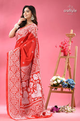 Cadmium red white thread work silk kantha saree woman red white patterned saree 3
