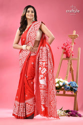 Cadmium red white thread work silk kantha saree red white patterned saree 7