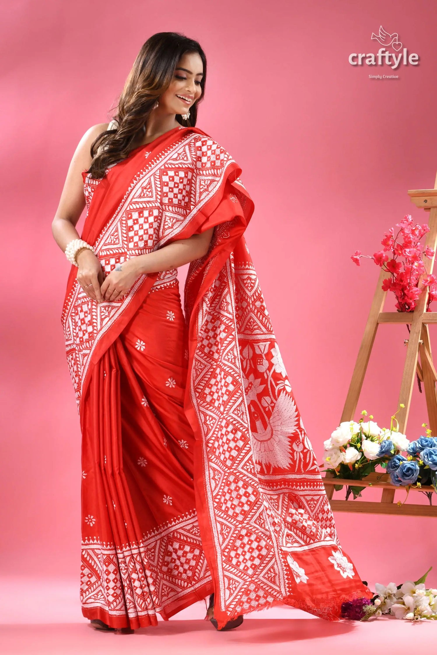 Cadmium red white thread work silk kantha saree woman vibrant red white patterned 4