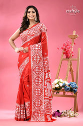 Cadmium red white thread work silk kantha saree vibrant red white patterned saree 1