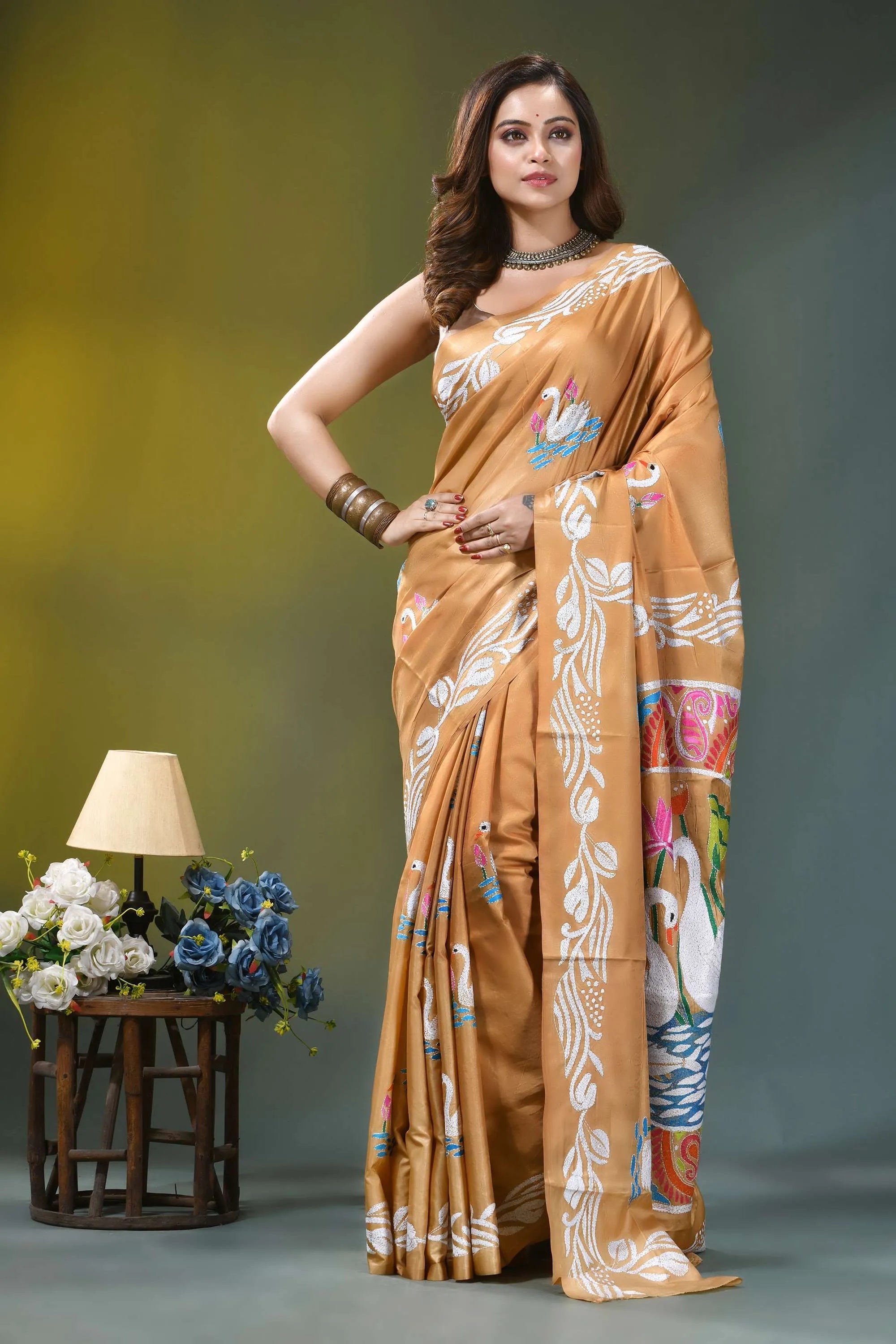 Camel gold multicolor swan design silk kantha saree woman wears golden-brown silk saree 6
