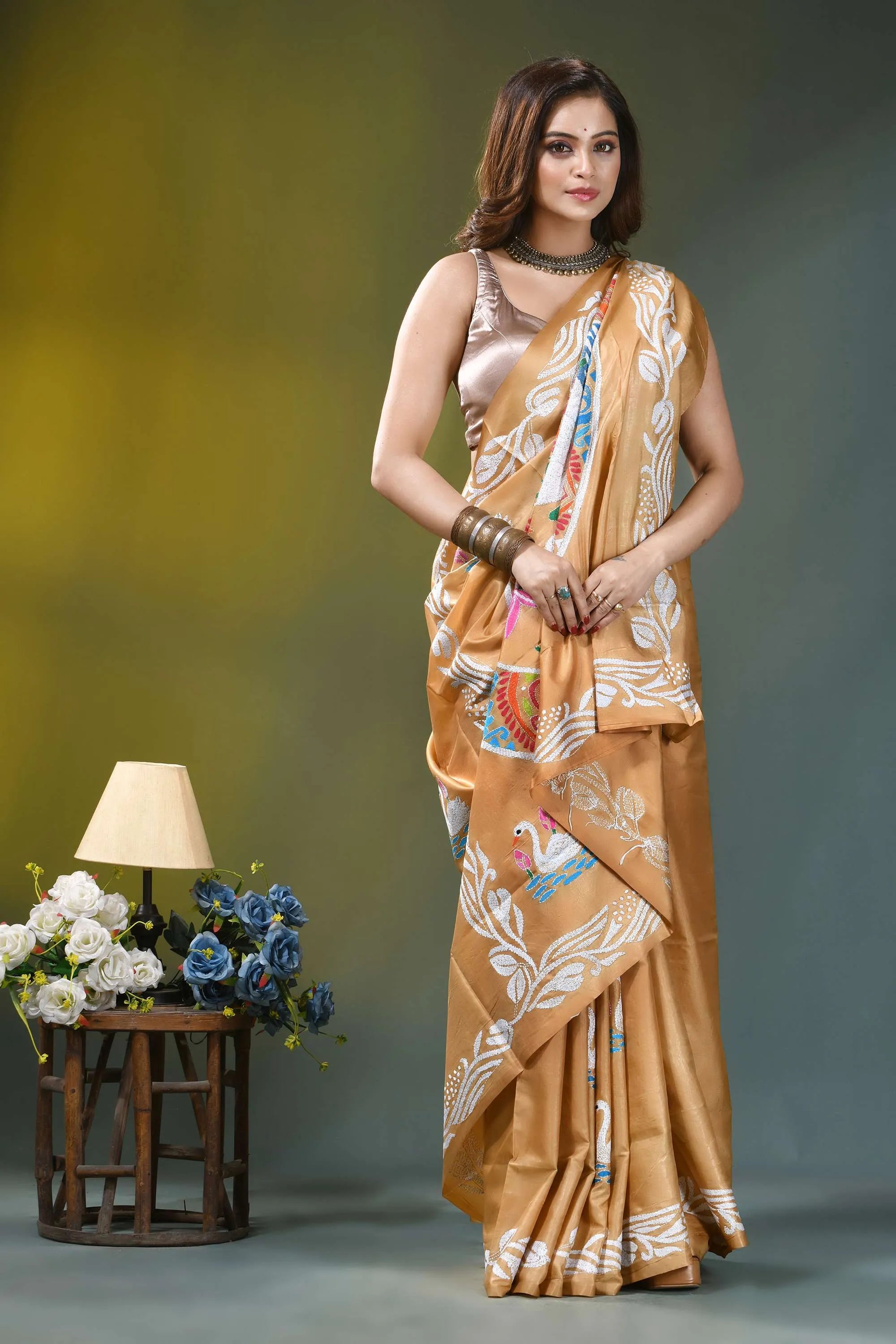 Camel gold multicolor swan design silk kantha saree golden-brown silk saree intricate white 4