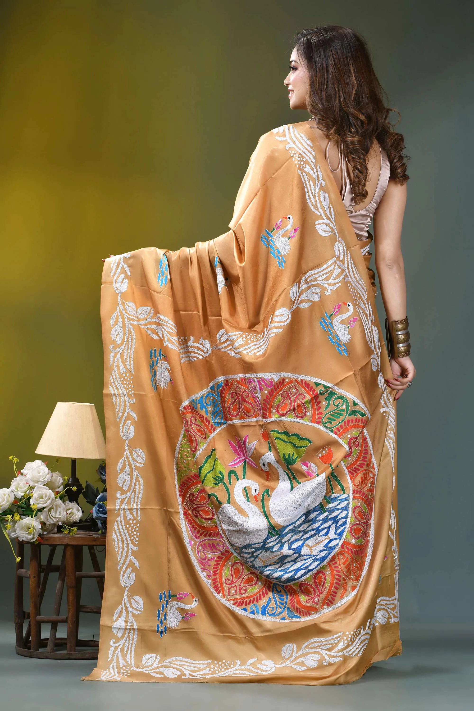 Camel gold multicolor swan design silk kantha saree peach-colored silk saree adorned intricate 5