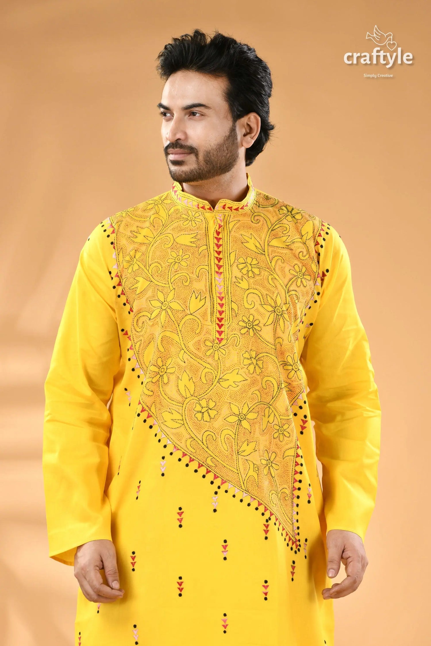 Canary yellow kantha embroidered mens cotton kurta reverse stitch men’s yellow embroidered kurta 2