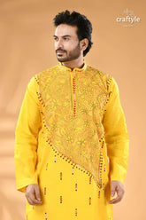 Canary yellow kantha embroidered mens cotton kurta reverse stitch men’s yellow embroidered kurta 2
