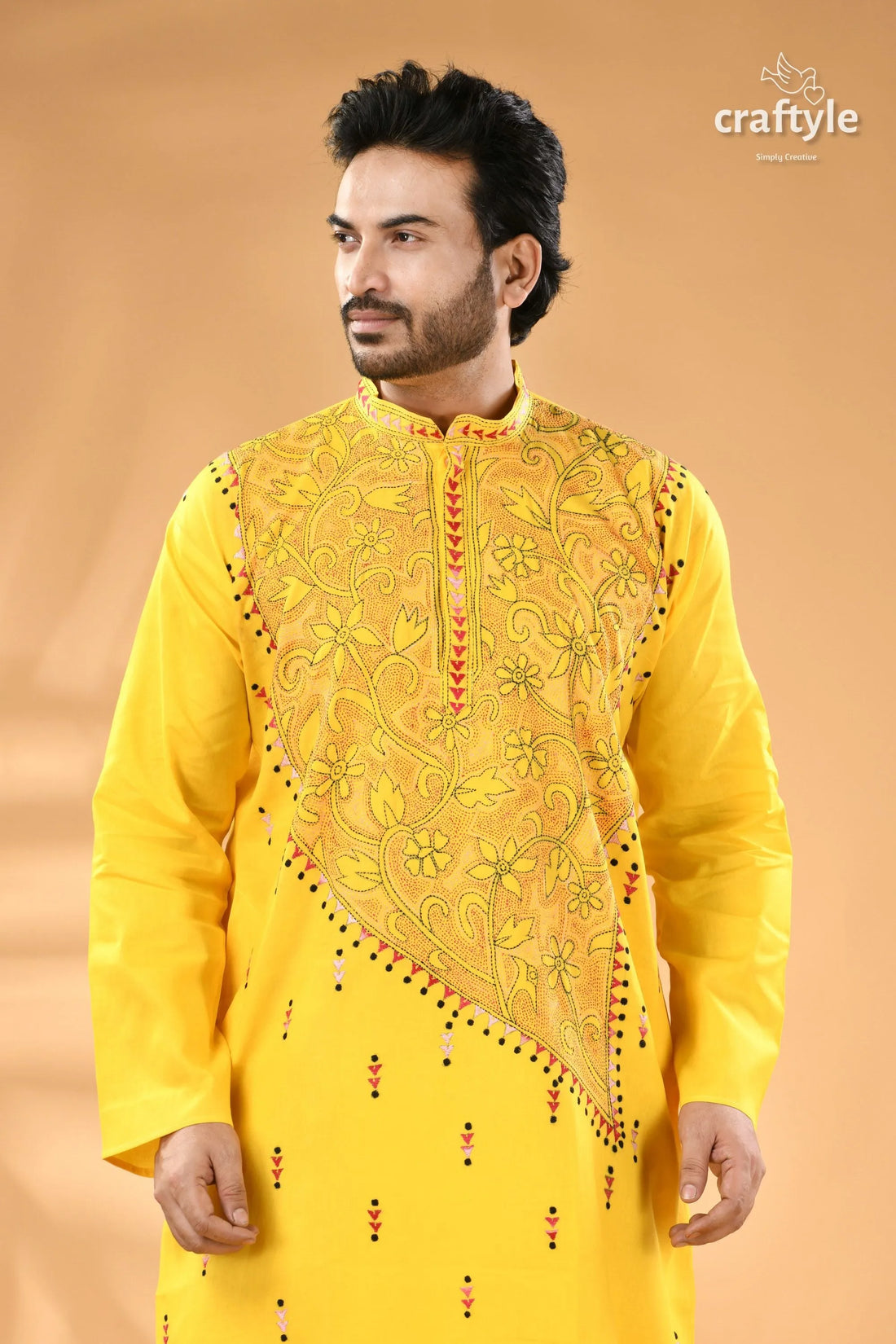 Canary yellow kantha embroidered mens cotton kurta - reverse stitch men’s yellow embroidered kurta 2