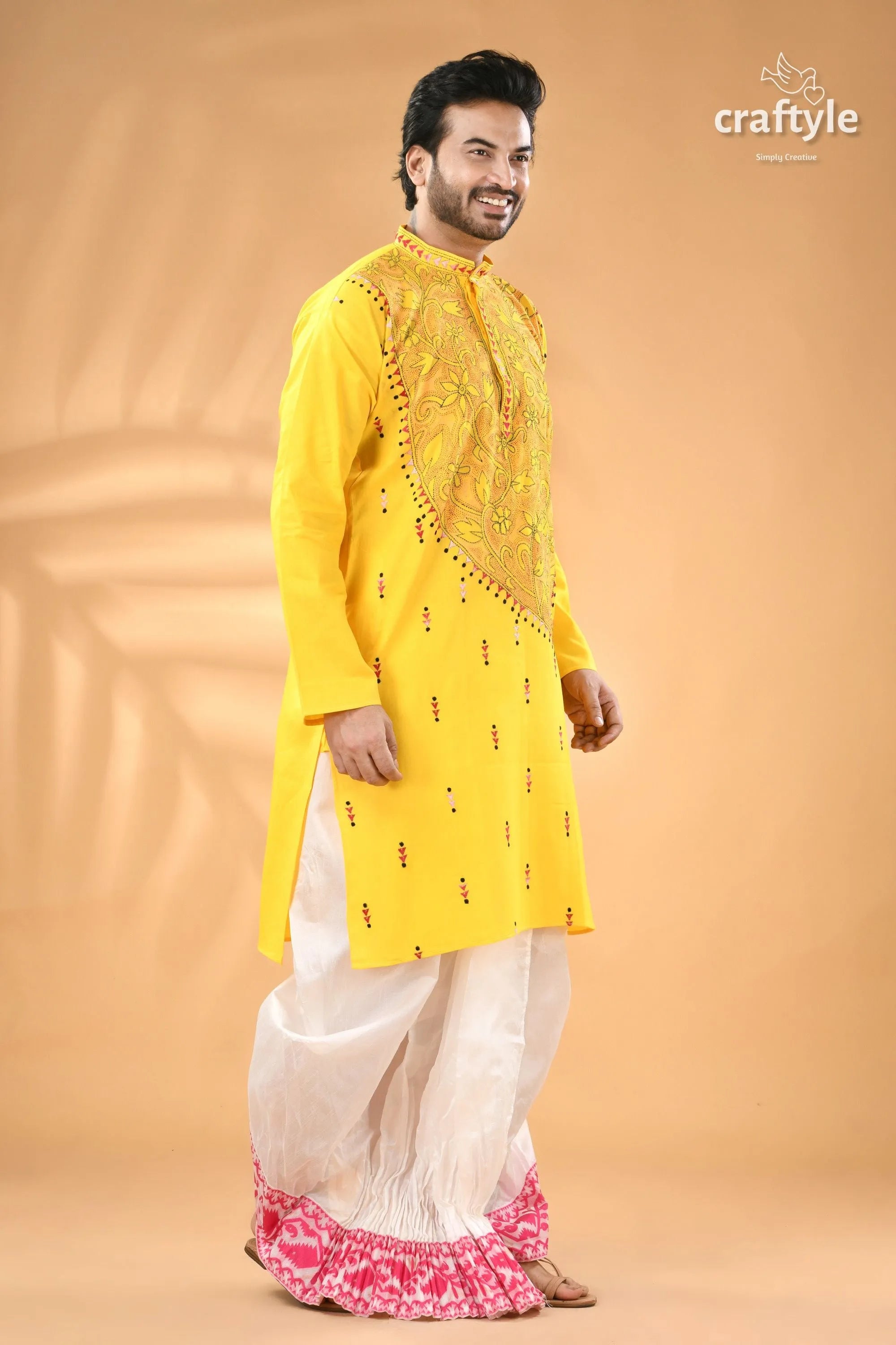 Canary yellow kantha embroidered mens cotton kurta - reverse stitch man bright yellow kurta black 4