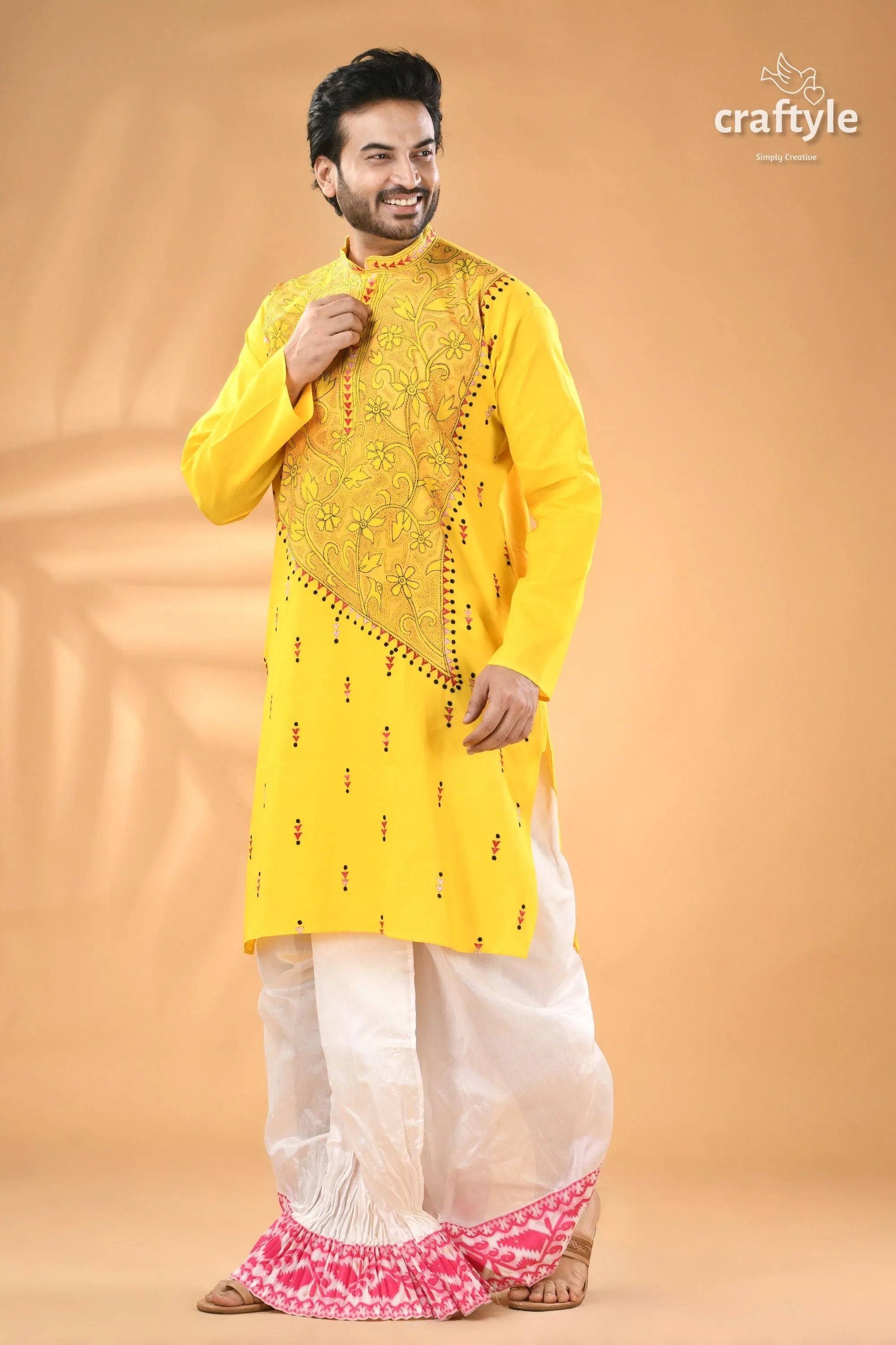 Canary yellow kantha embroidered mens cotton kurta - reverse stitch men’s yellow embroidered kurta white 5