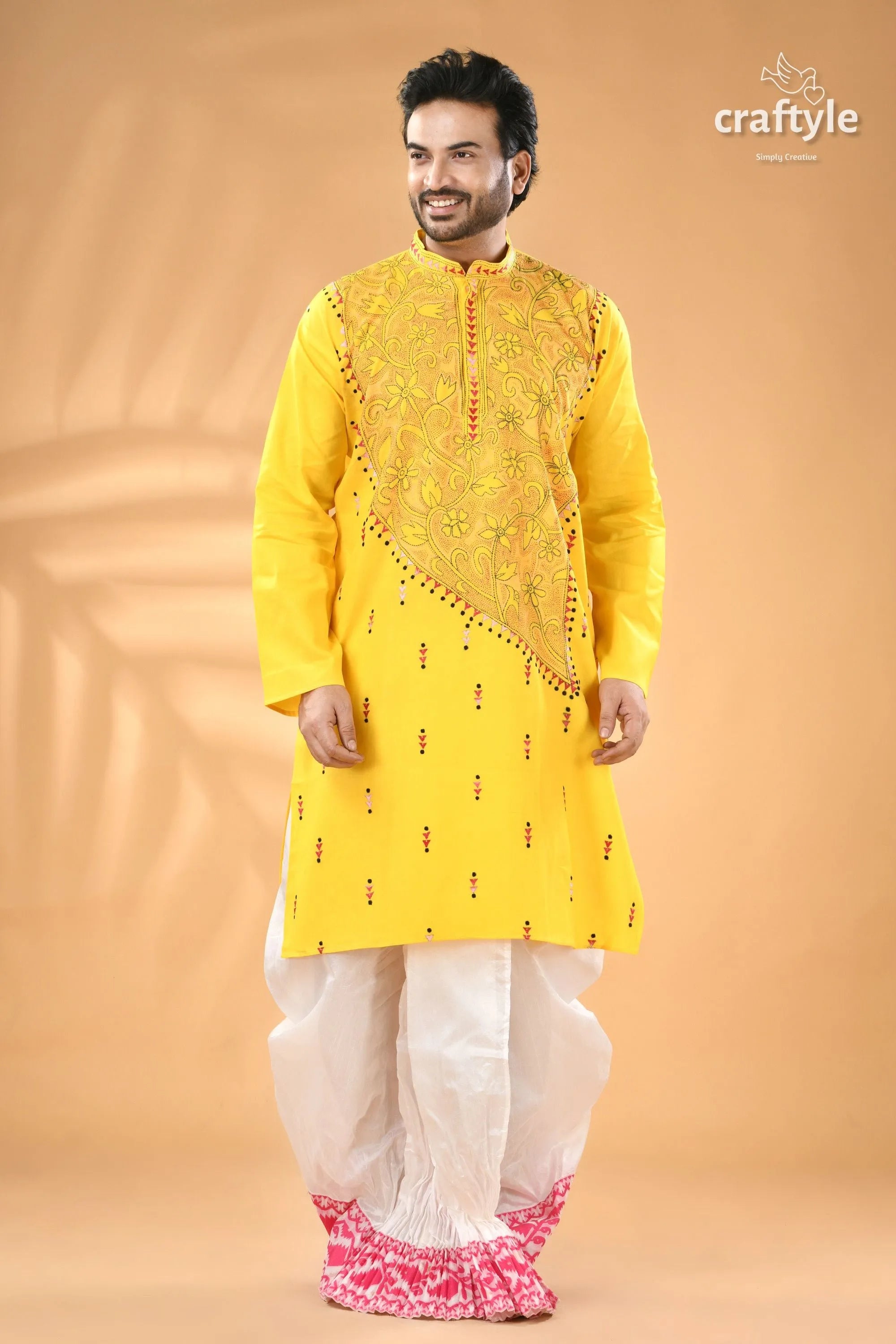 Canary yellow kantha embroidered mens cotton kurta - reverse stitch men’s yellow embroidered kurta white 3
