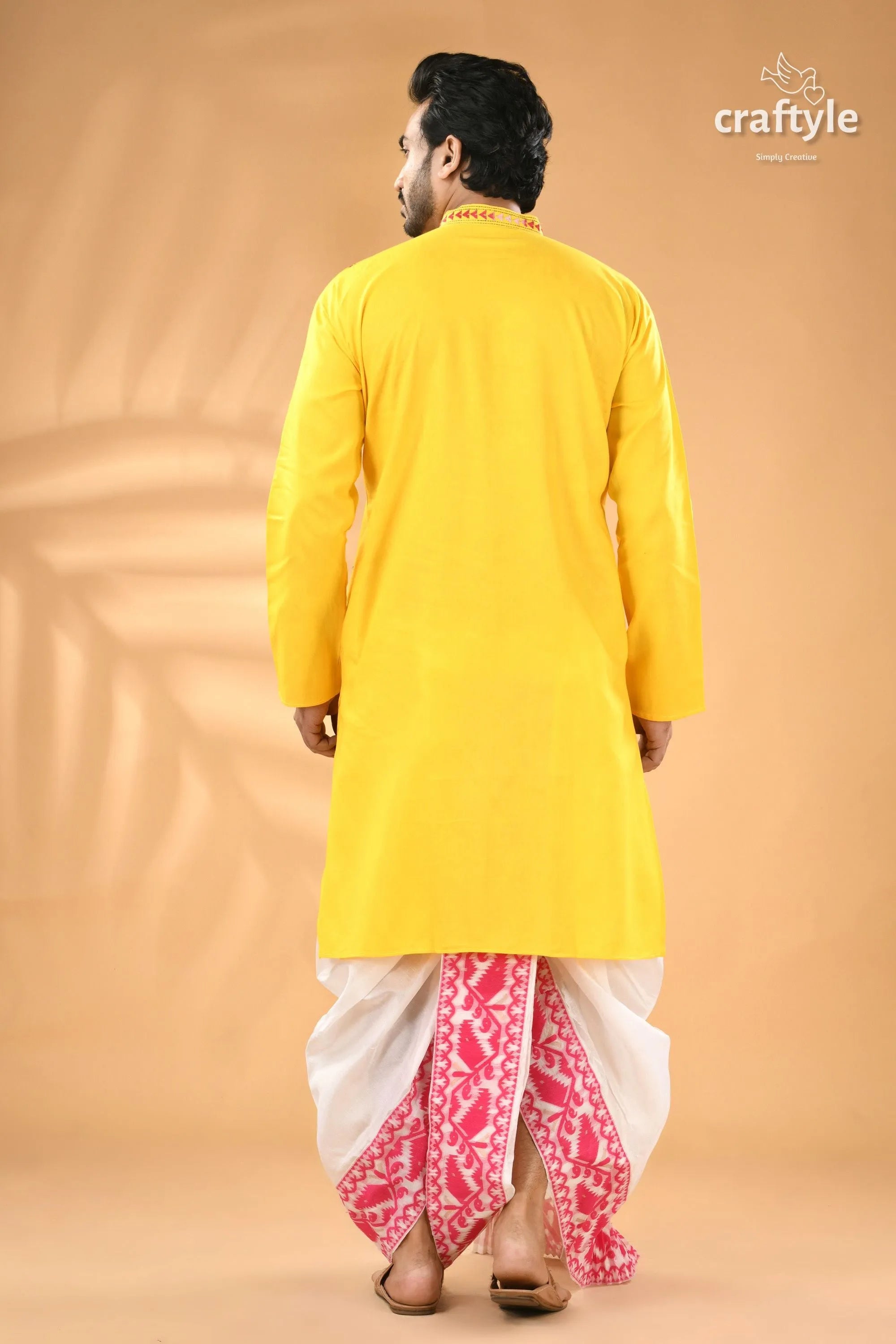 Canary yellow kantha embroidered mens cotton kurta - reverse stitch men’s yellow kurta white pink 6