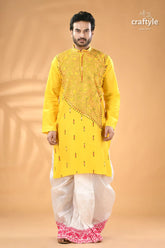 Canary yellow kantha embroidered mens cotton kurta reverse stitch men’s yellow embroidered kurta white 1