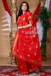 Candy red handloom cotton saree red gold patterned saree 3