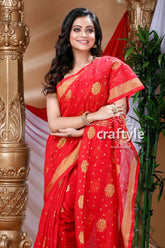 Candy red handloom cotton saree red saree gold accents 2