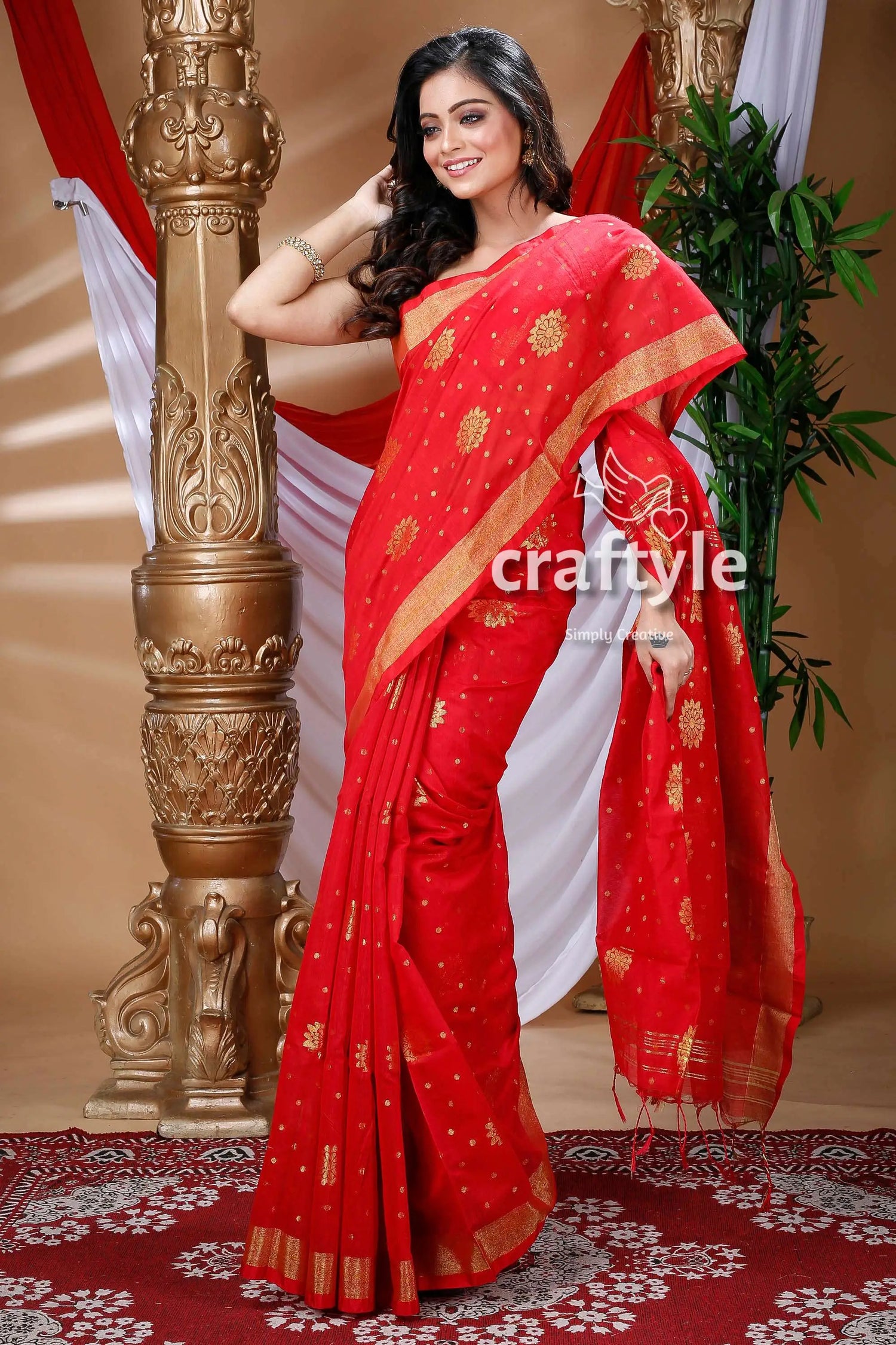 Candy red handloom cotton saree red saree gold accents 1