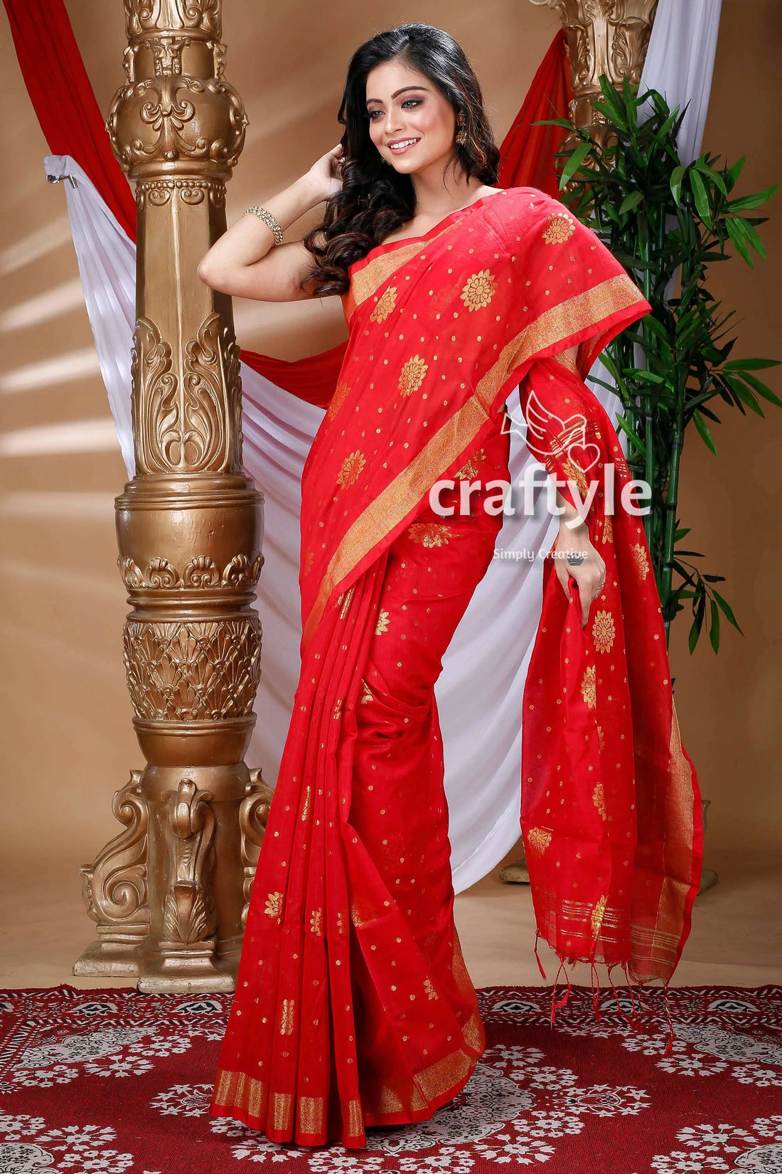Candy red handloom cotton saree gold accents 1