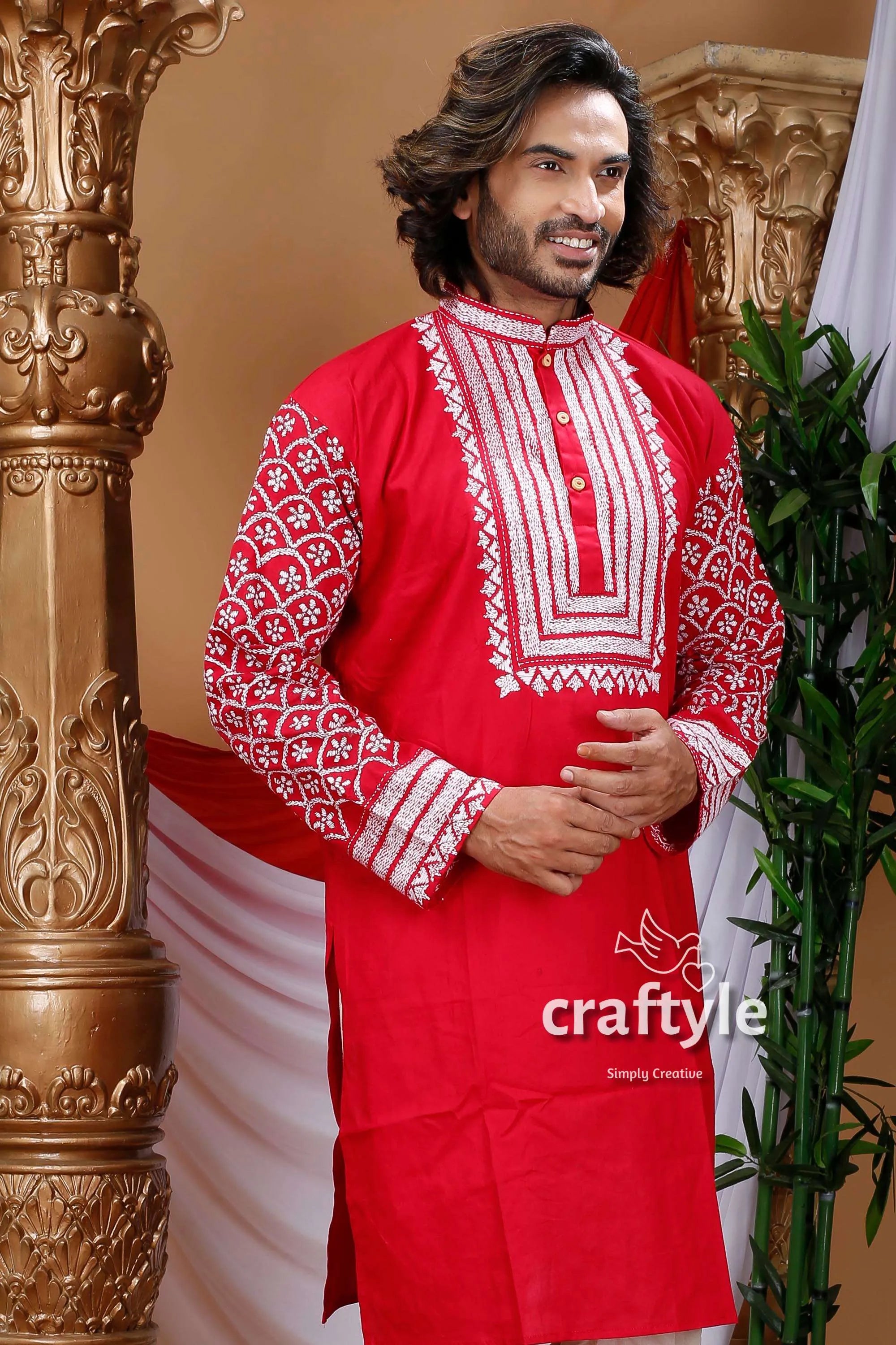 Candy red kantha stitch cotton panjabi for men kurta intricate white 2