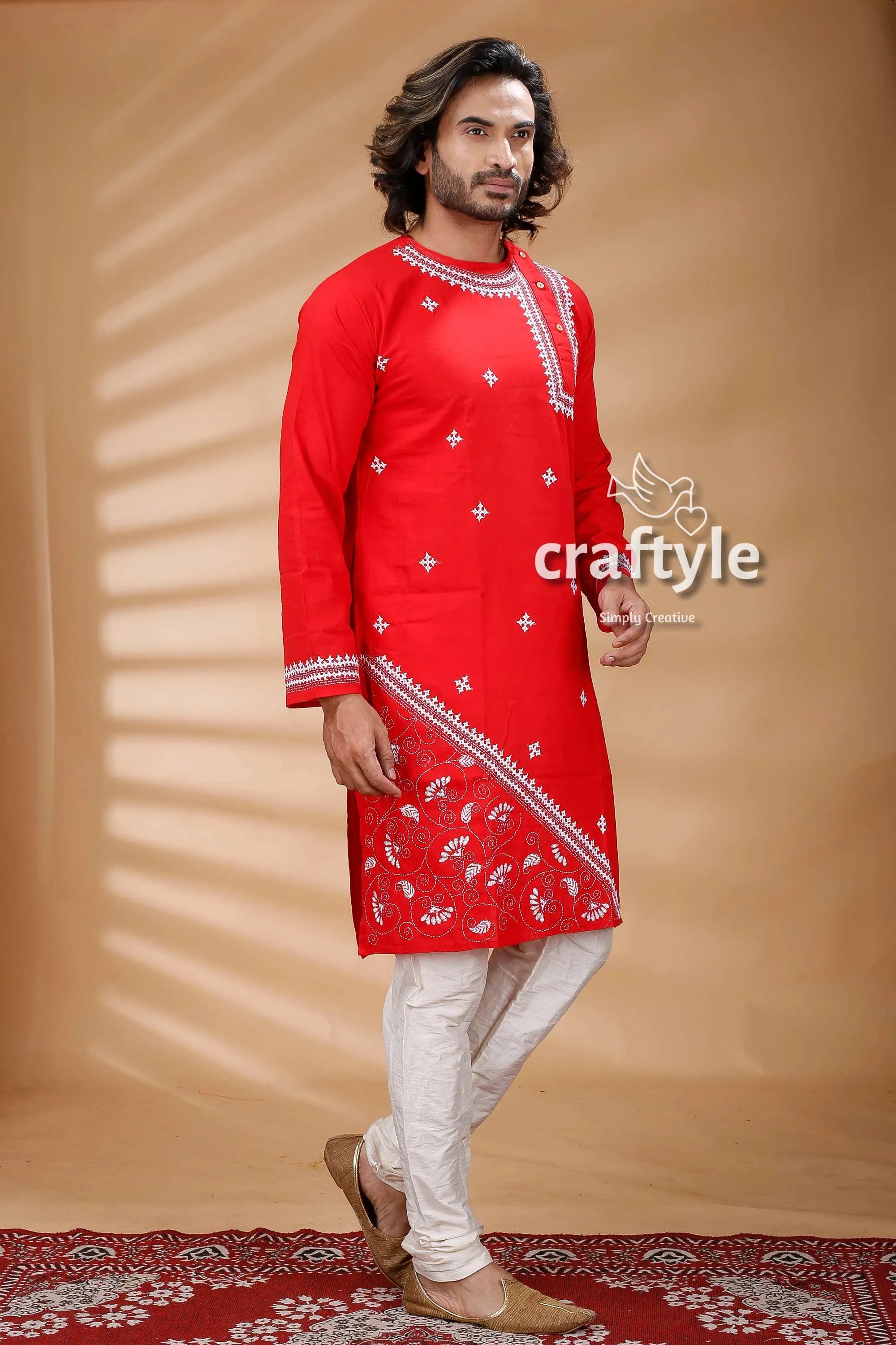 Candy red kantha work hand embroidered men’s kurta 3