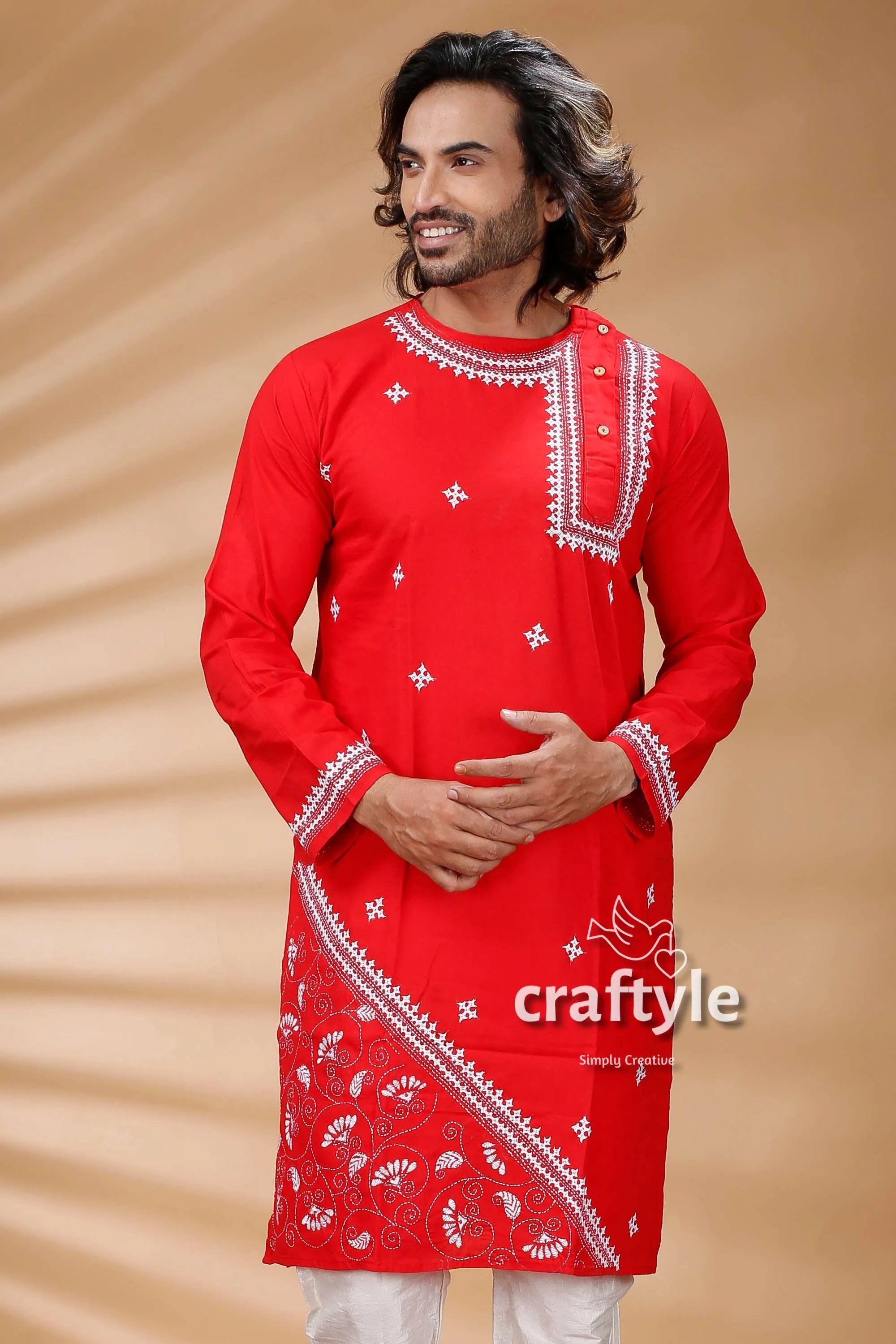 Candy red kantha work hand embroidered men’s kurta 2