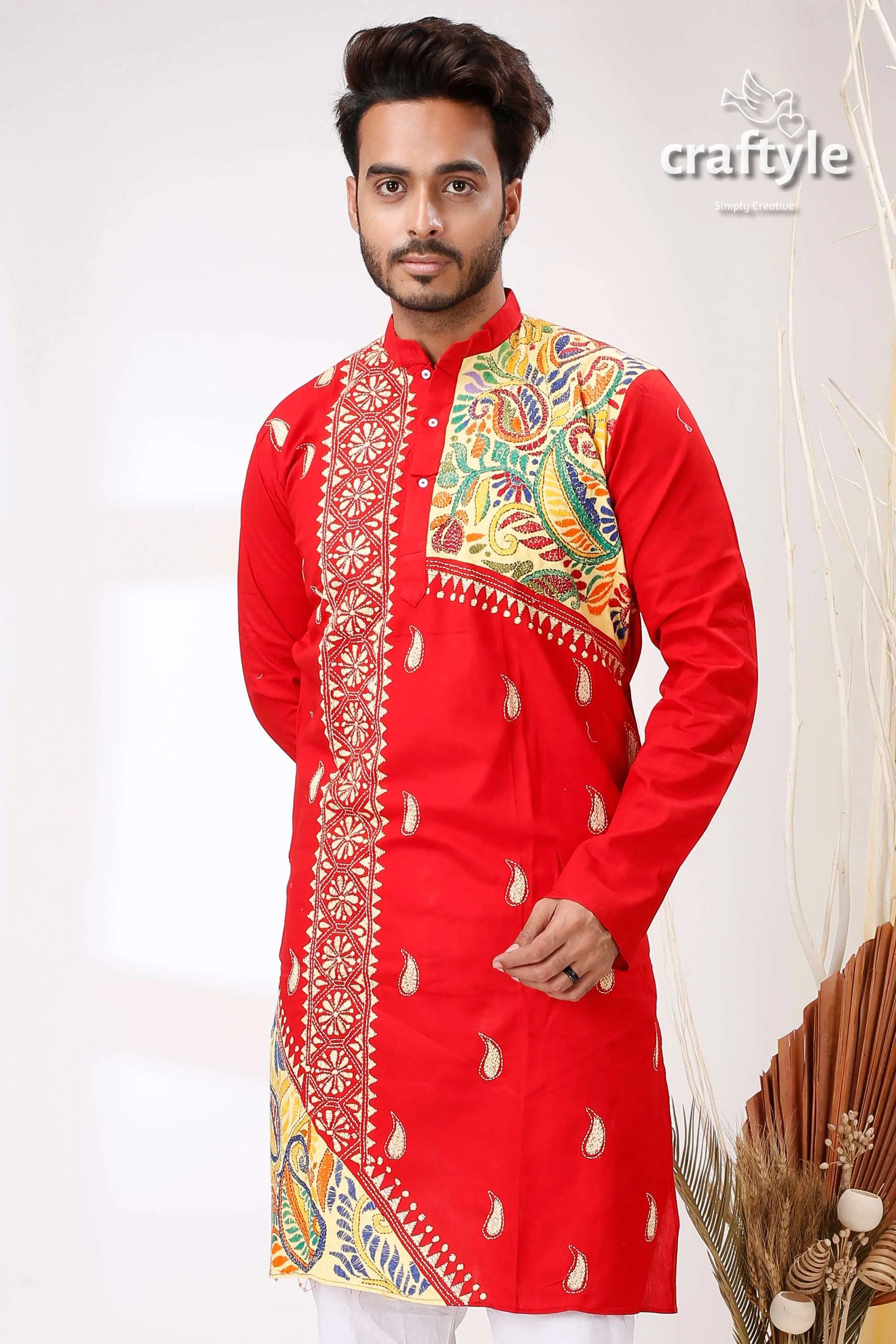 Candy red multithread kantha work cotton punjabi for men kurta colorful embroidery 2