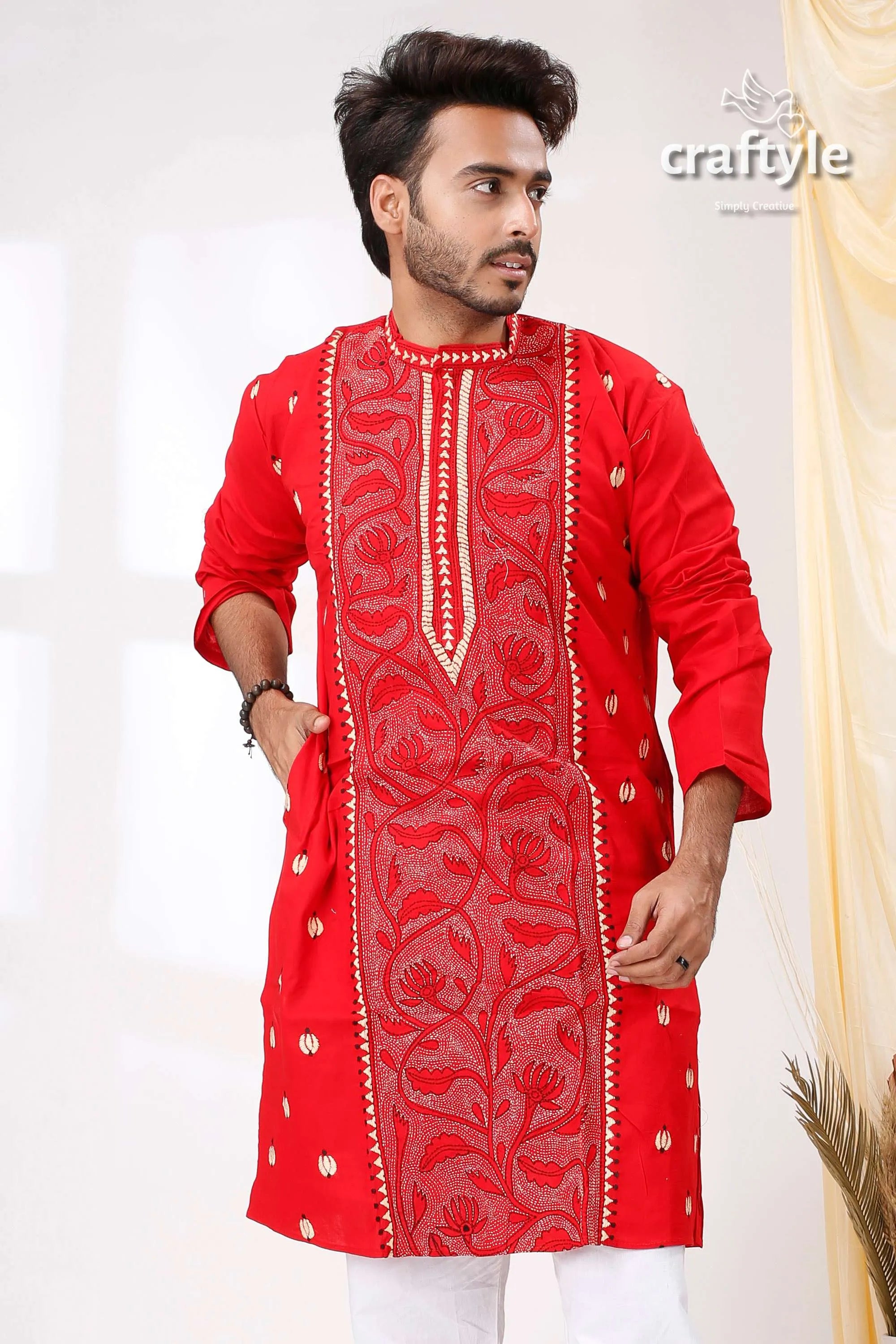 Candy red reverse kantha work hand embroidered cotton mens kurta intricate floral 2