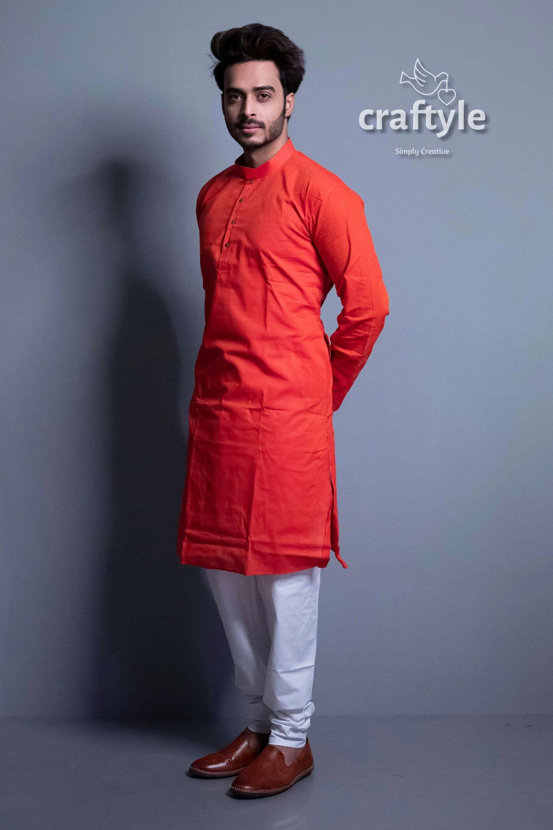 Candy red solid color cotton kurta for men white pants 2