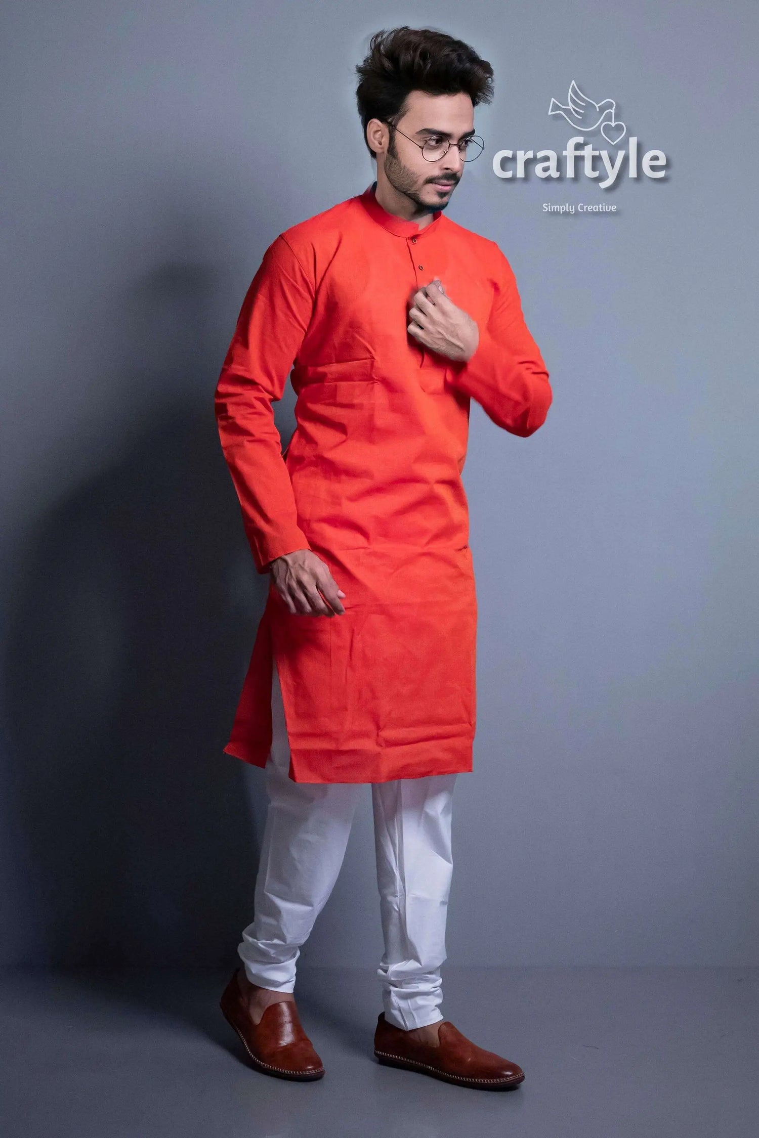 Candy red solid color cotton kurta for men man orange kurta white pants 4