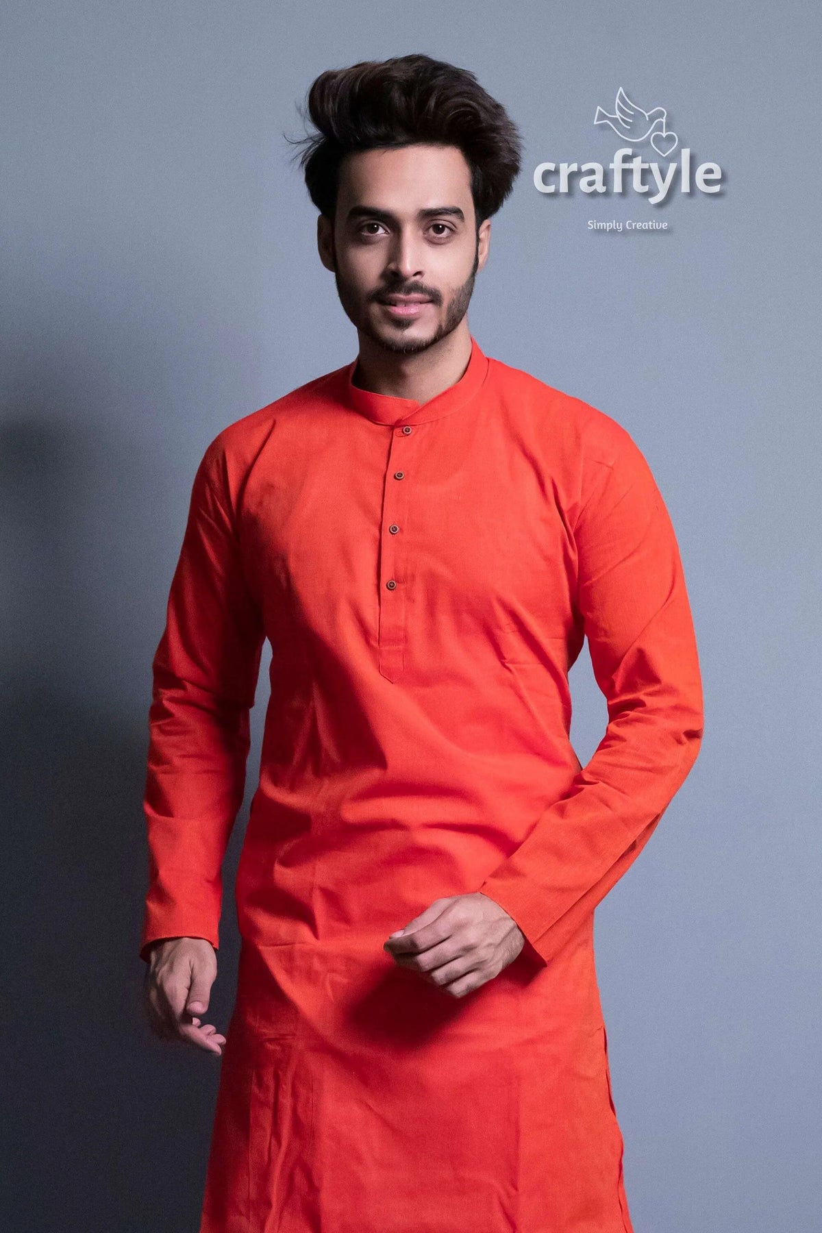 Candy red solid color cotton kurta for men orange long-sleeved 3