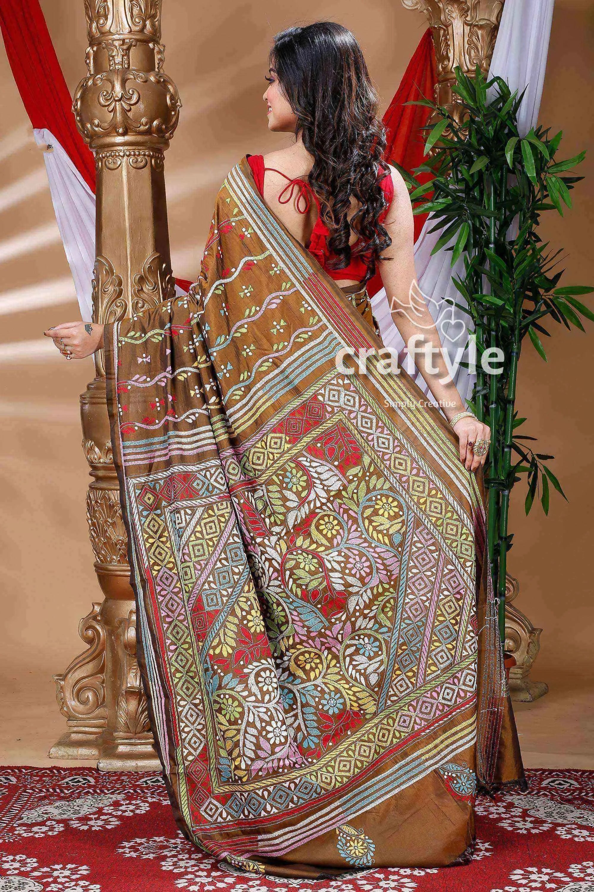 Caramel brown exquisite silk kantha embroidery saree brown saree colorful floral geometric 4
