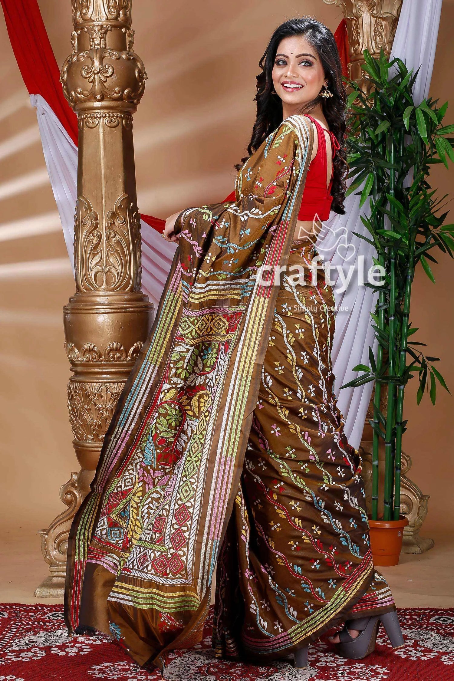 Caramel brown exquisite silk kantha embroidery saree woman brown patterned saree 5