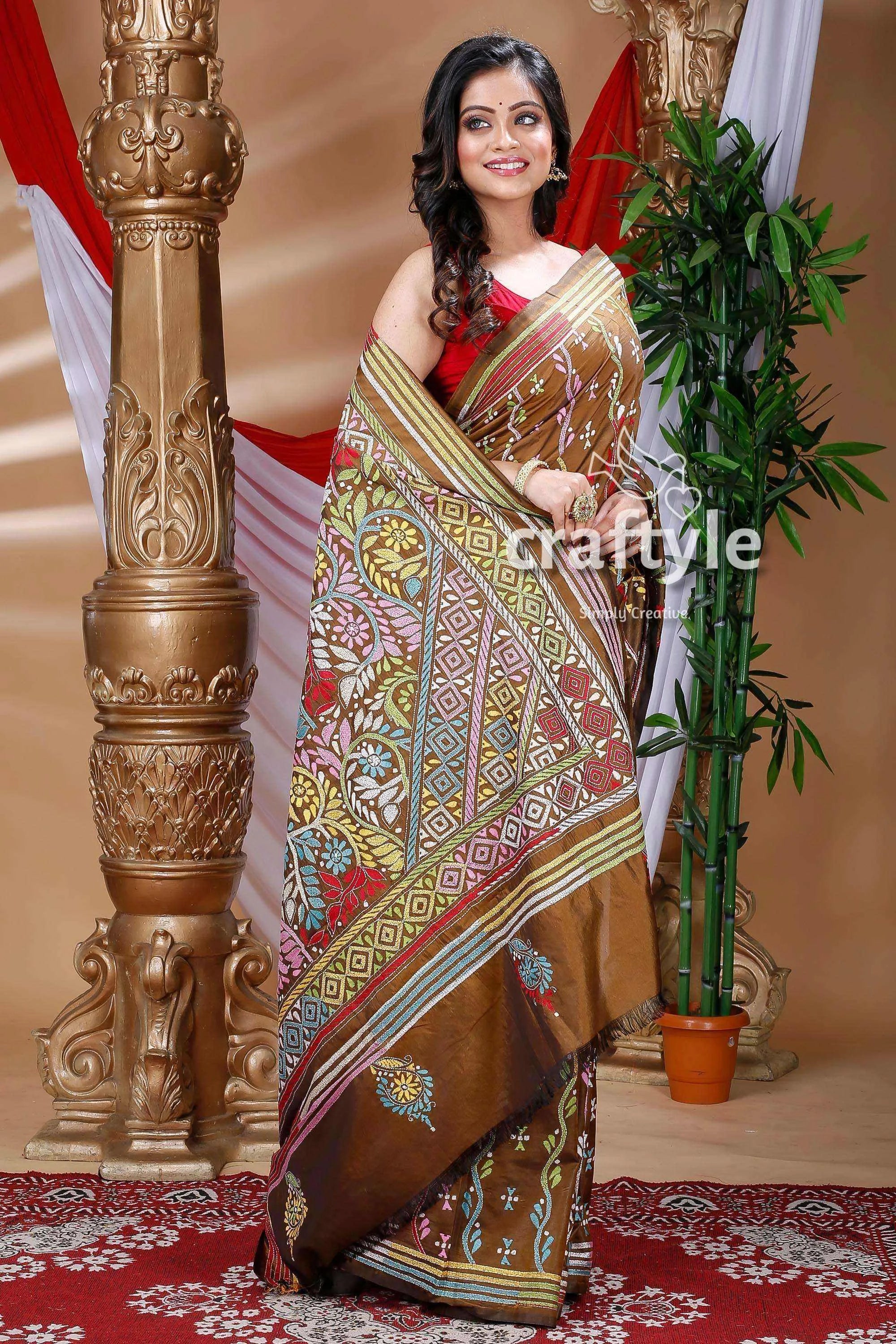 Caramel brown exquisite silk kantha embroidery saree brown saree colorful embroidery 1