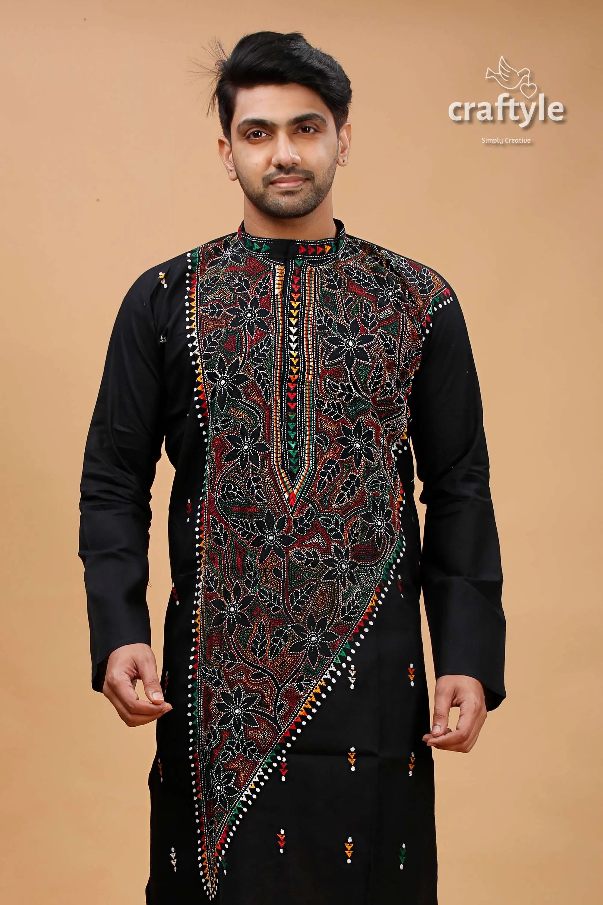 Carbon balck multithread kantha work cotton kurta for men black embroidered intricate floral 2