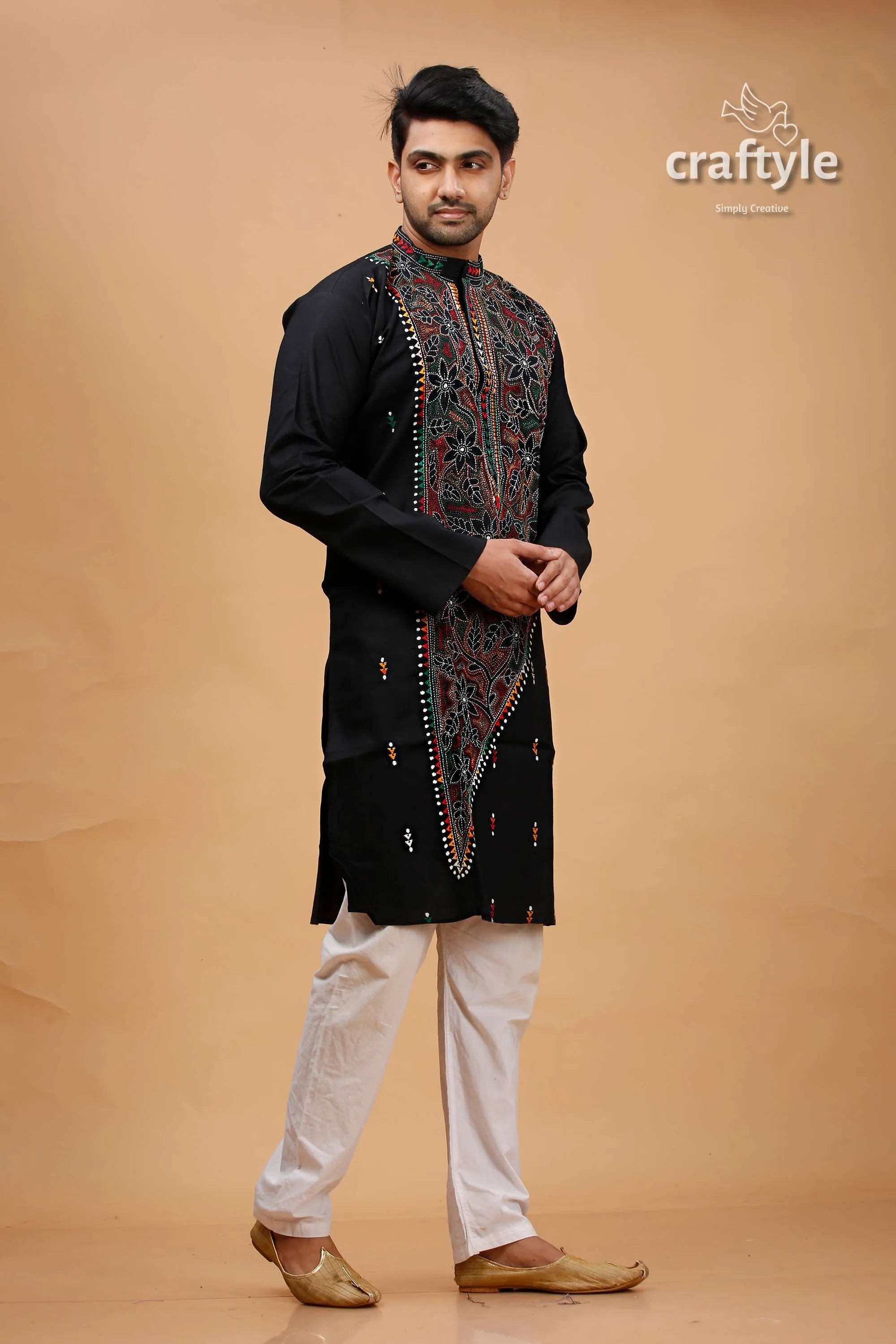 Carbon balck multithread kantha work cotton kurta for men black embroidered intricate red 4