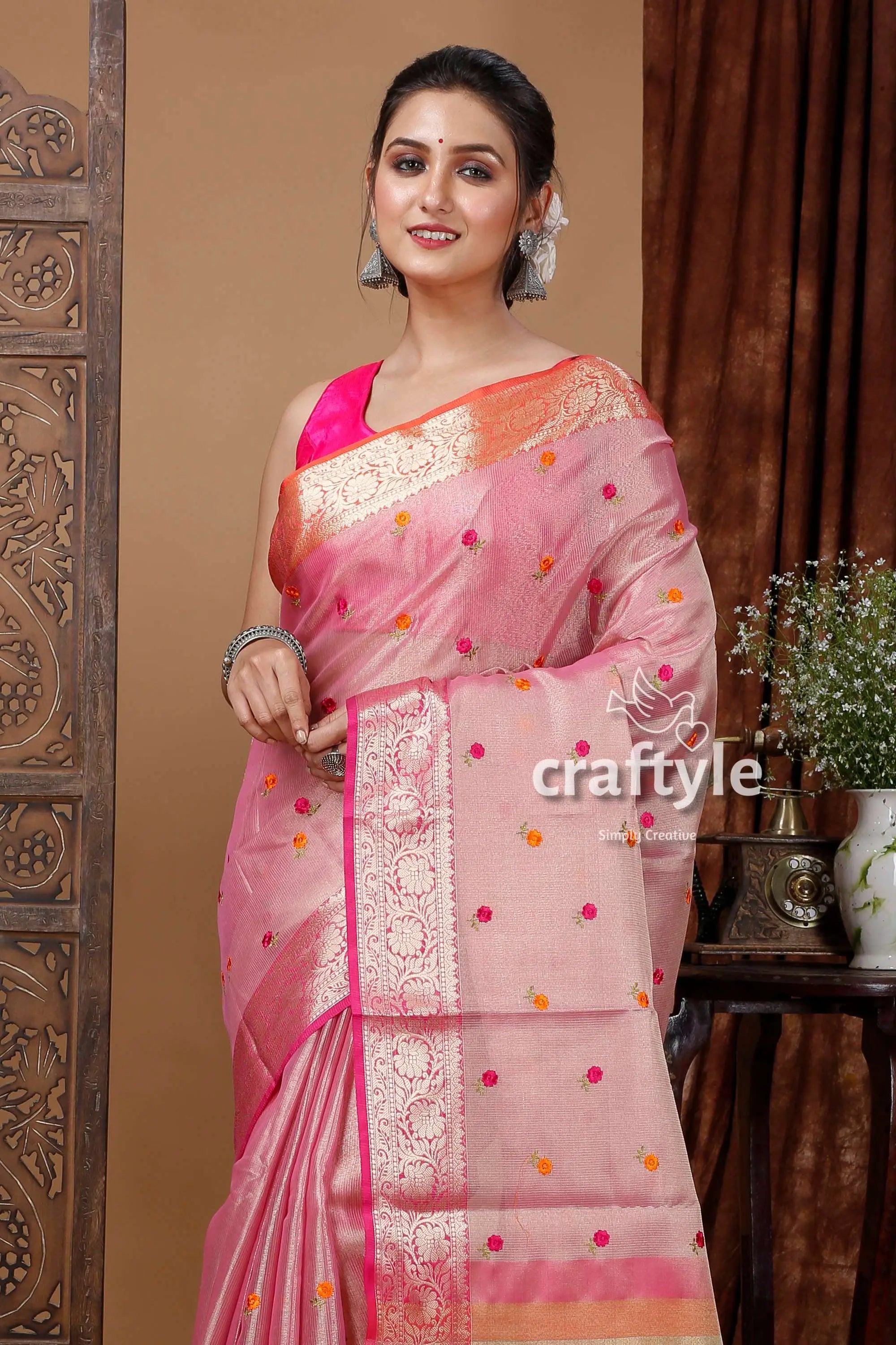 Careys pink soft silk tissue organza saree - luxurious and elegant pink silk saree floral motifs 2