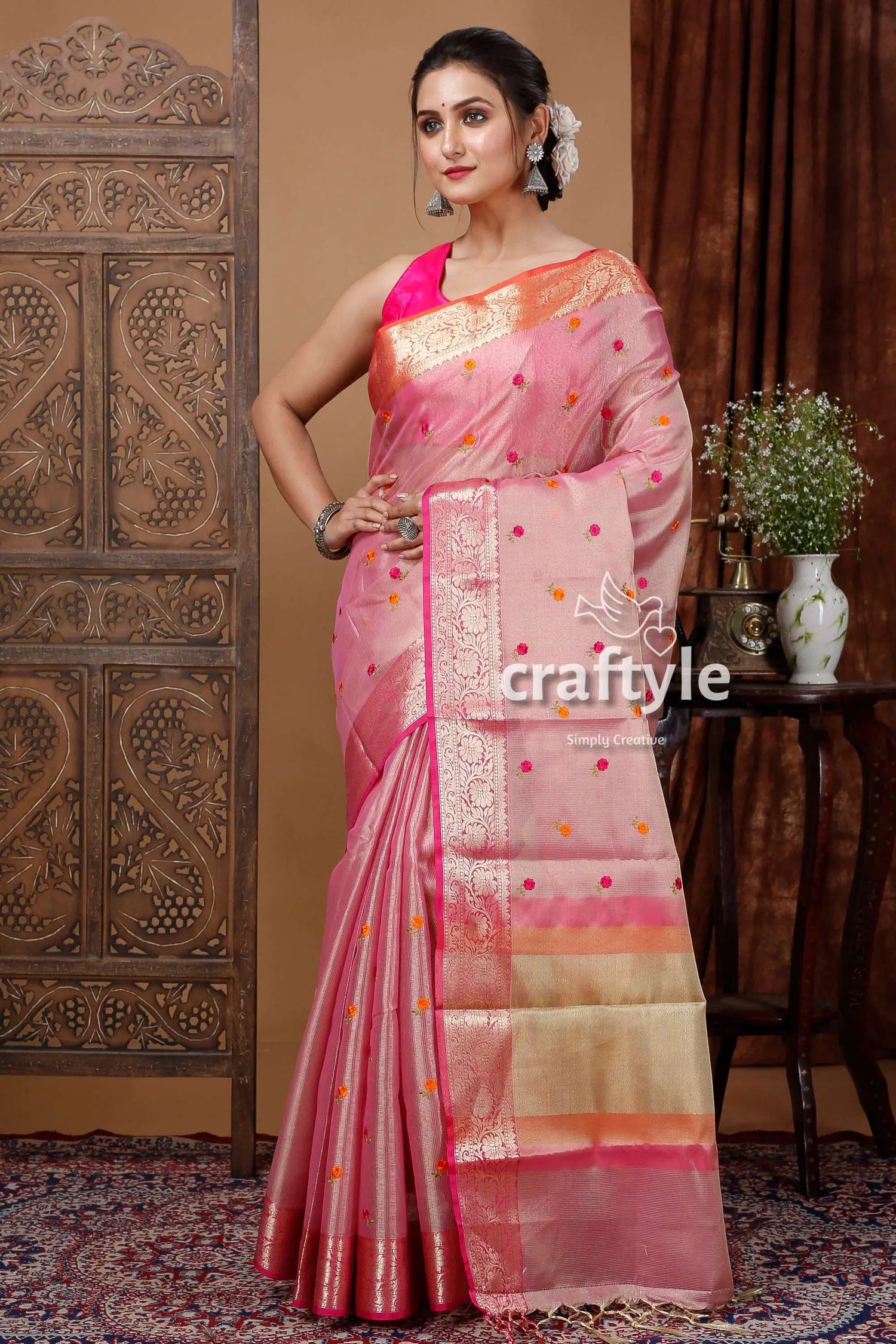 Careys pink soft silk tissue organza saree - luxurious and elegant pink silk saree gold border 1
