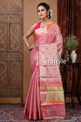 Careys pink soft silk tissue organza saree - luxurious and elegant pink silk saree gold border 1