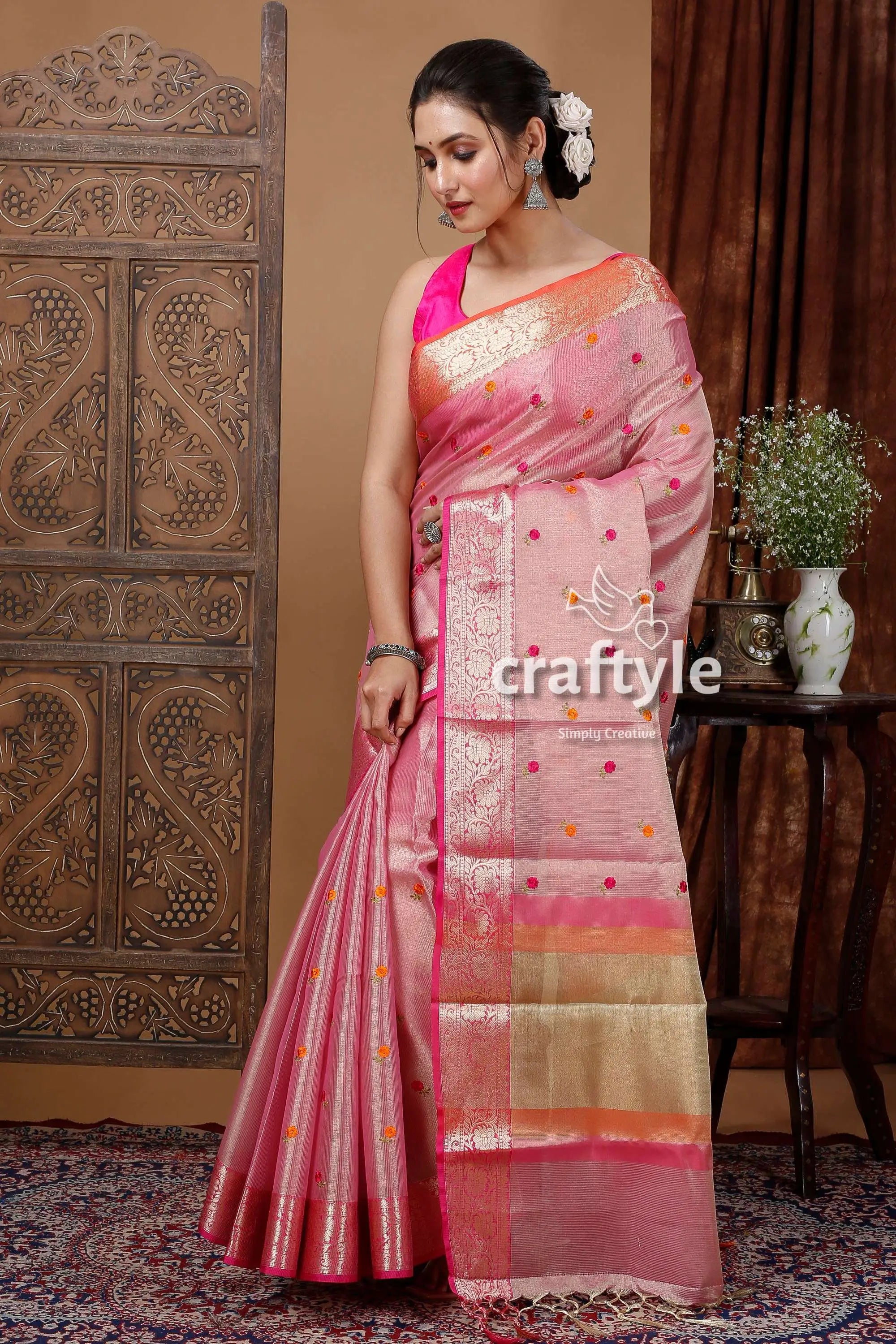 Careys pink soft silk tissue organza saree - luxurious and elegant pink saree colorful accents 3