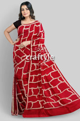 Carnation red and white hand batik mulberry pure silk saree red saree geometric pattern 4