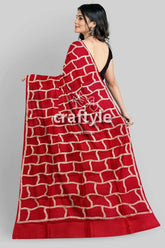 Carnation red and white hand batik mulberry pure silk saree red saree brick pattern 5