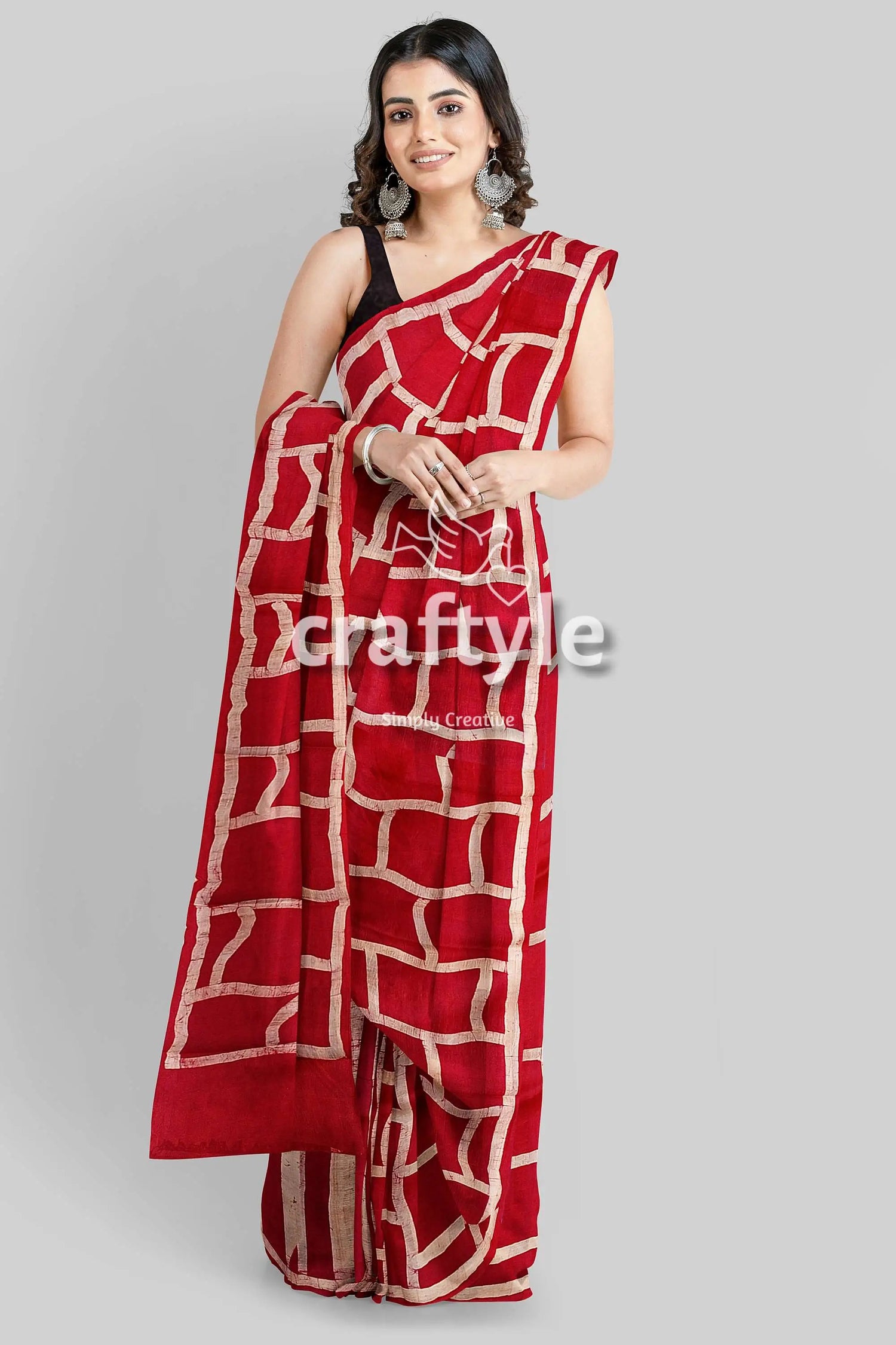 Carnation red and white hand batik mulberry pure silk saree red saree geometric pattern 1
