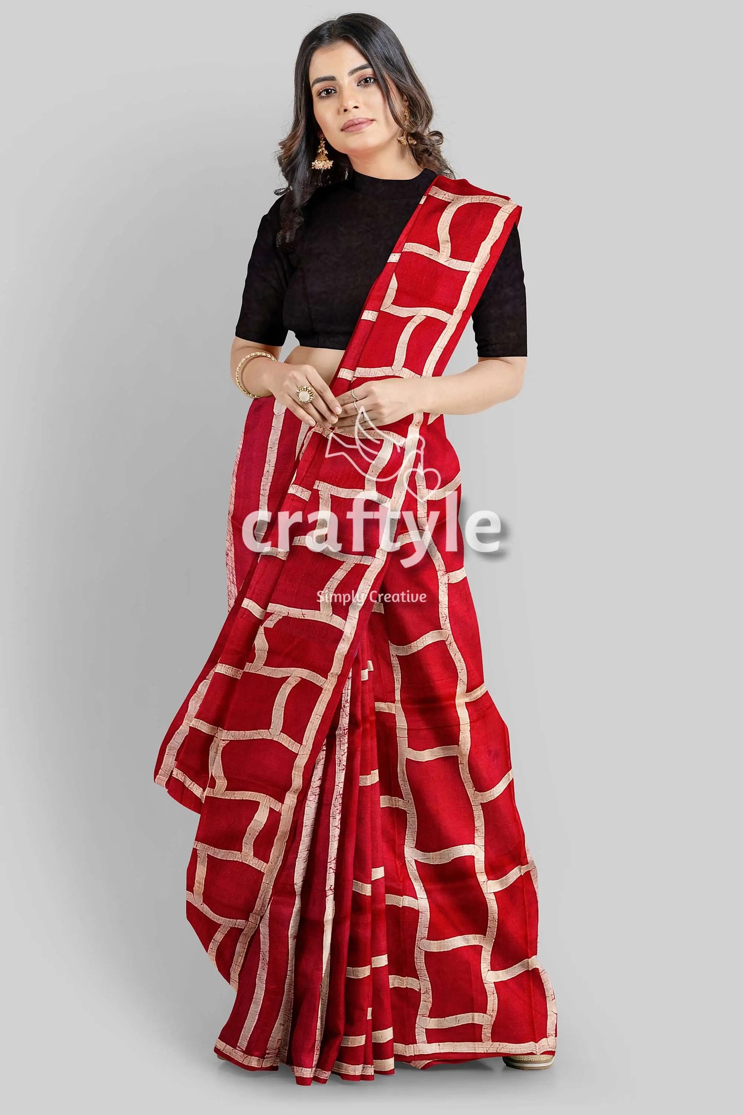Carnation red and white hand batik mulberry pure silk saree red saree gold geometric pattern 2