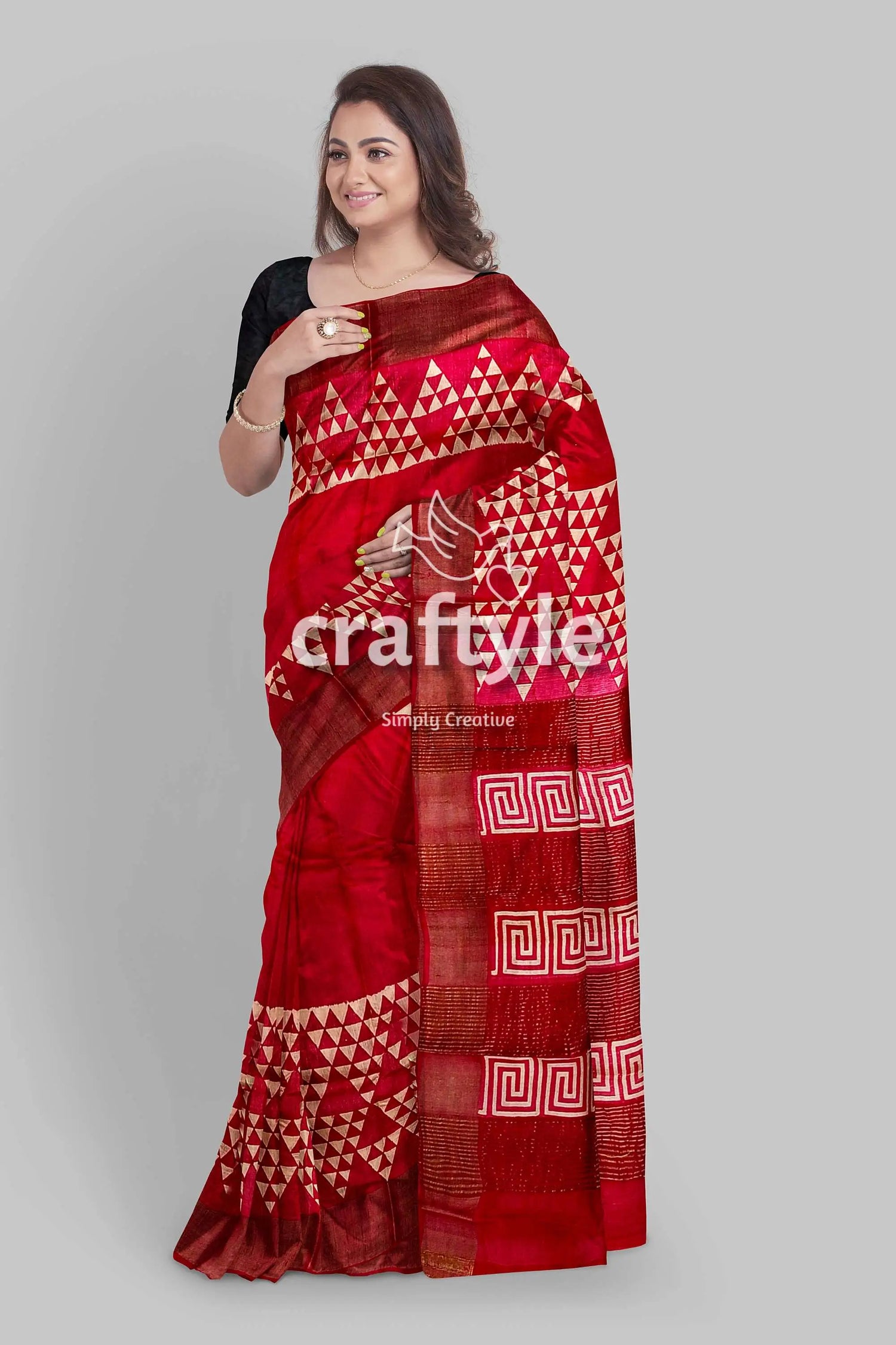 Carnelian red hand block print zari border pure tussar silk saree red saree geometric patterns 3