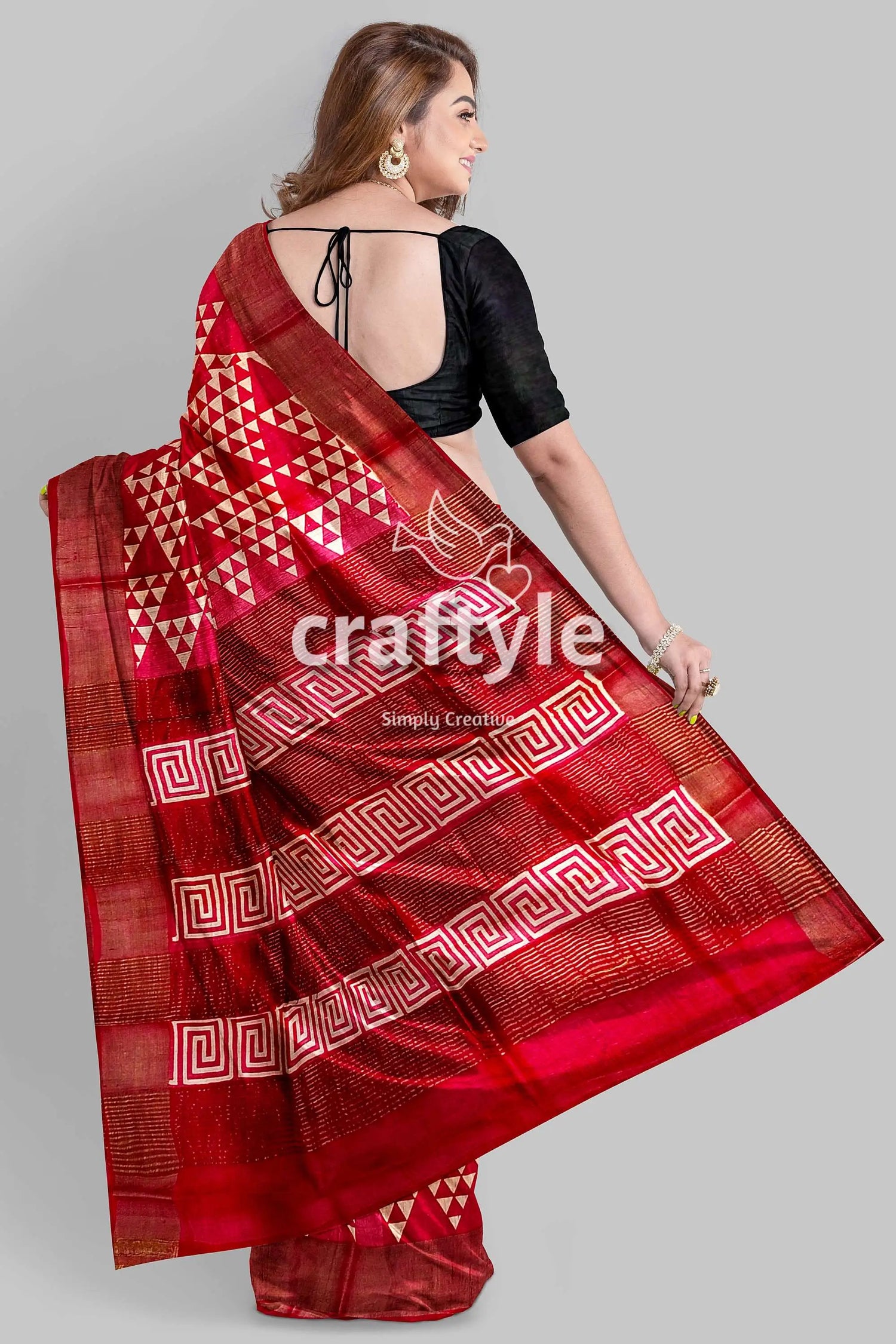 Carnelian red hand block print zari border pure tussar silk saree red saree geometric patterns 6