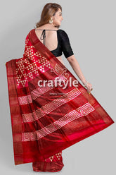 Carnelian red hand block print zari border pure tussar silk saree red saree geometric patterns 6