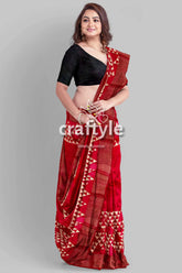 Carnelian red hand block print zari border pure tussar silk saree red saree geometric patterns 5