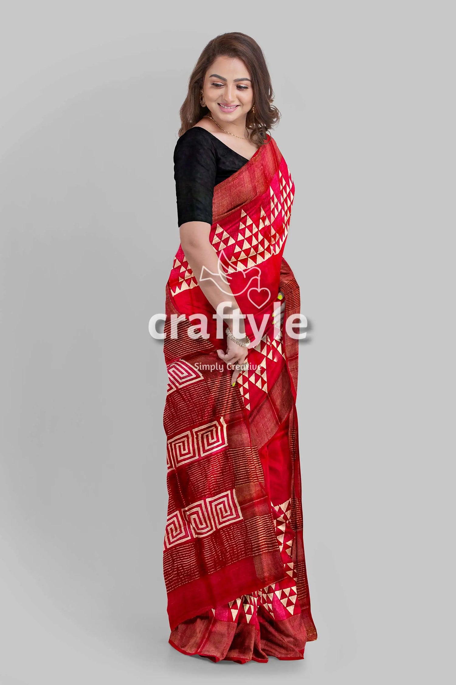 Carnelian red hand block print zari border pure tussar silk saree red patterned saree 2