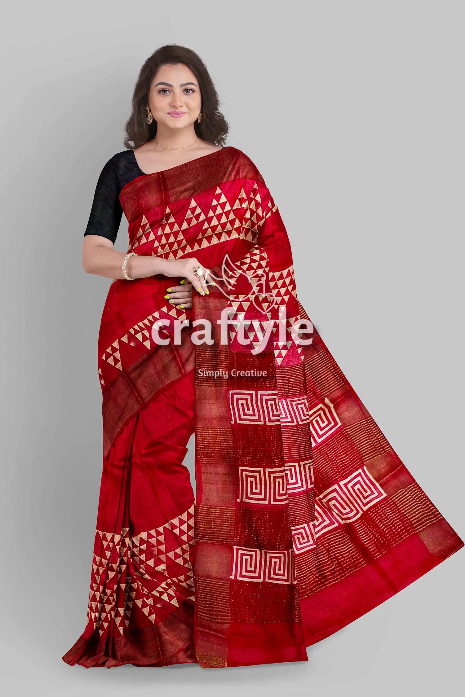 Carnelian red hand block print zari border pure tussar silk saree red saree geometric patterns 4