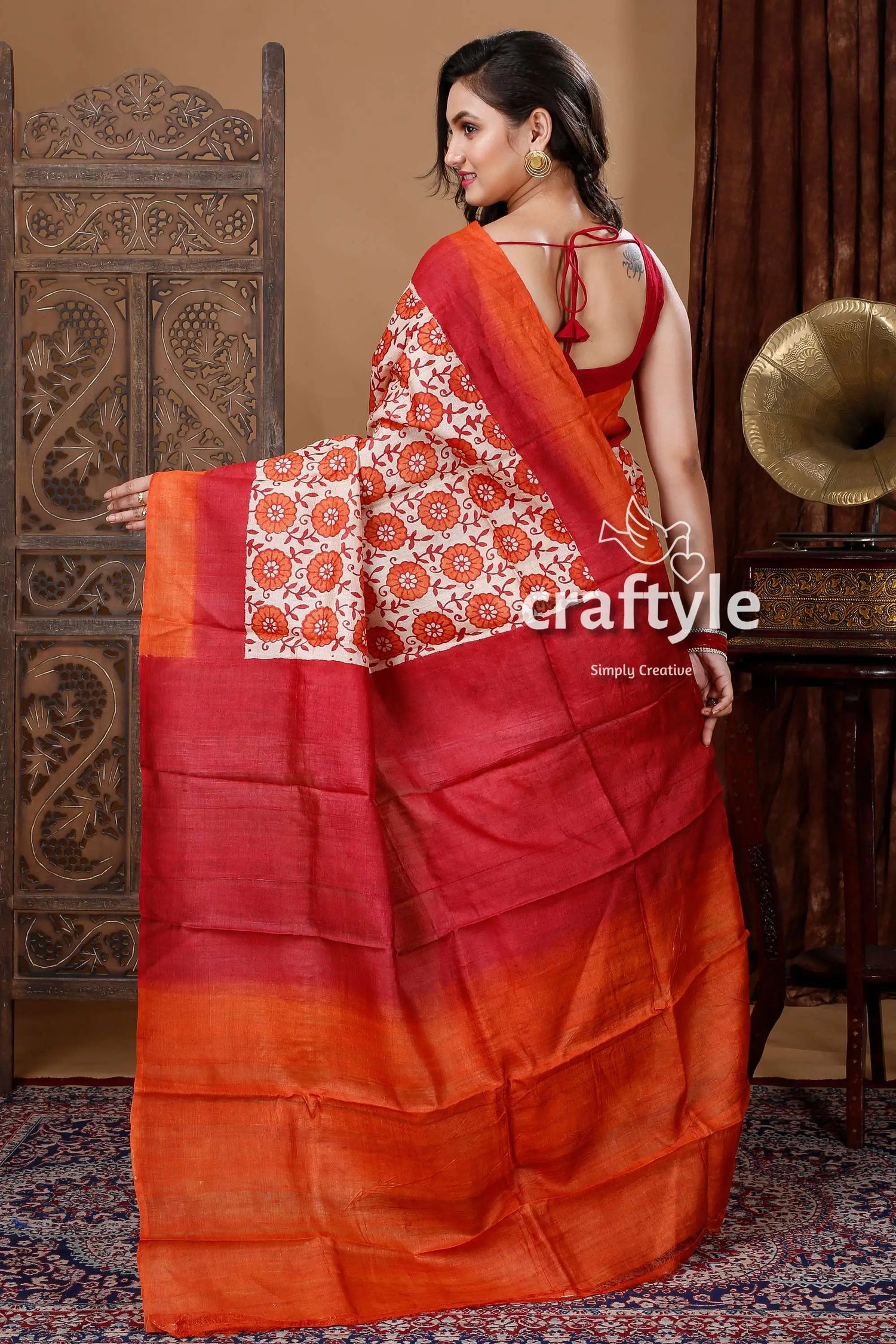Carrot orange & red hand block print pure tussar silk sari red orange floral saree 5