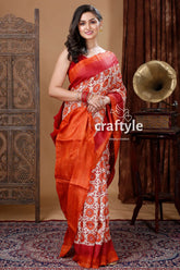 Carrot orange & red hand block print pure tussar silk sari woman red white patterned saree 4