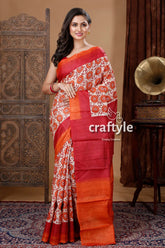 Carrot orange & red hand block print pure tussar silk sari floral-patterned red orange saree 1